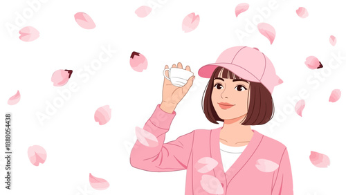 Young Woman in Pink Holding Cup Amidst Falling Cherry Blossoms