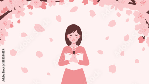 Young woman reading a book under blooming cherry blossoms, falling petals