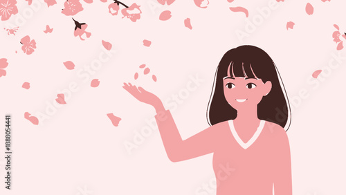 Young Woman Smiling Under Falling Cherry Blossoms