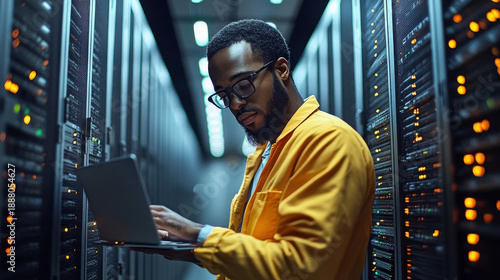 System administrator works in server room, managing network security and data processing systems, artificial intelligence technology.