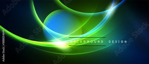 Abstract glowing lines create dynamic composition. Vivid blues, greens dominate dark background. Modern design element.