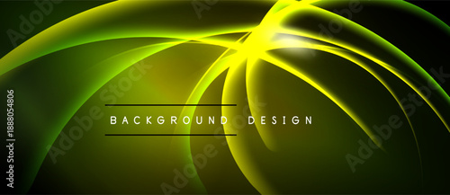 Bright yellow curves radiate from central point against dark green, black backdrop. Text reads background design. Modern, dynamic visual.