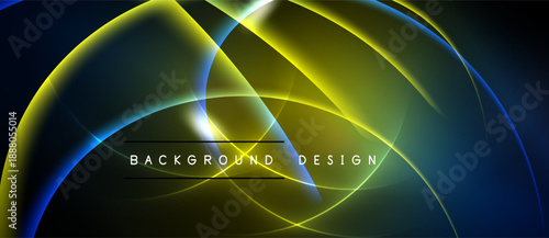 Abstract neon lines create dynamic curves, glowing shapes. Dark background emphasizes bright yellow, blue gradients. Modern design element.