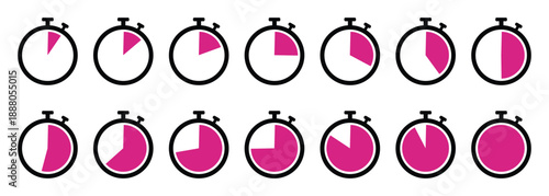 Stopwatch, timer or countdown clock icon. Timer set vector icon collection. Countdown timer symbol set. Stopwatch icon set flat design.