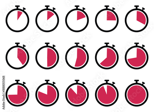 Stopwatch icon set in red color on white background. Collection of countdown timer and clock symbols. Stopwatch Clock with Different Time Segments Vector. 