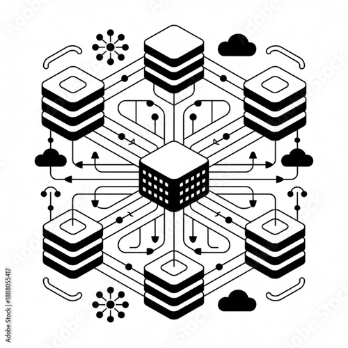 Monochromatic isometric network diagram featuring interconnected server stacks, central processing unit, and cloud computing symbols.