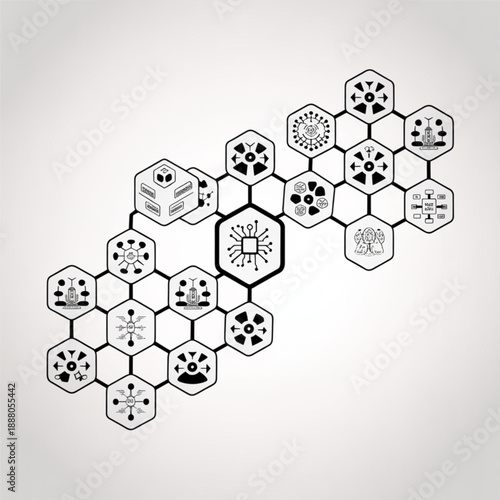 Black and white interconnected hexagonal network with diverse technology icons, featuring a central microchip, symbolizing data and AI.