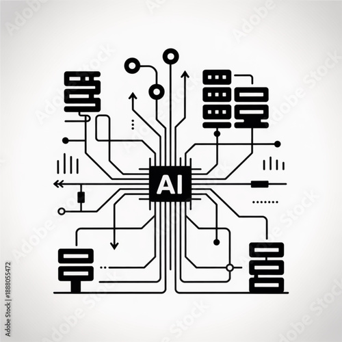 Minimalist AI processor circuit board illustration with connected data servers and abstract elements.