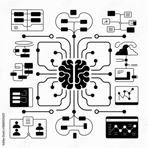 Stylized black brain icon, central to an intricate network of interconnected digital data, cloud, and AI technology symbols.