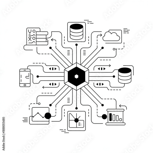 Centralized Digital Data Network Flow Illustration with Connected Technology Icons