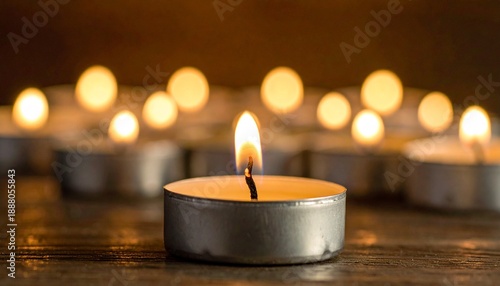 Lit tealight candle on dark surface, warm glow, soft background, calm ambiance, relaxation theme