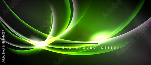 Abstract green energy flow. Dynamic curves create vibrant light effects, modern design element. Background suggests speed, innovation.