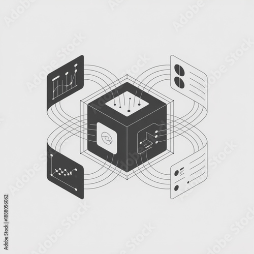 Isometric dark gray cube with data processing pins, connected to four infographic panels.