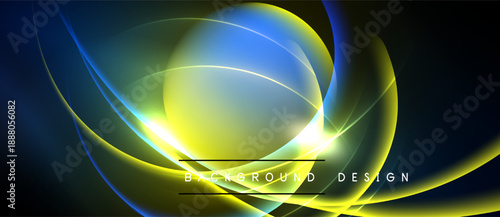 Abstract design features flowing curves, vibrant yellow, blue hues. Dark background creates dramatic contrast, modern aesthetic.