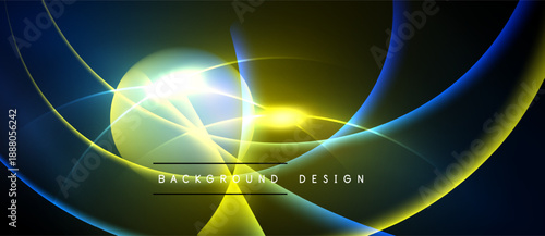 Abstract design features vibrant curves, bright light source, dark background. Modern aesthetic, dynamic composition, flowing lines.