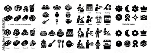 Icon set of oriental sweets and activities