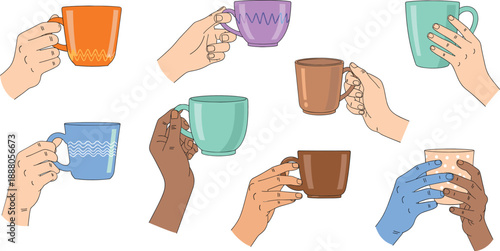 Set of hands holding coffee and tea cups vector illustration, diverse people drink mug collection for cafe design