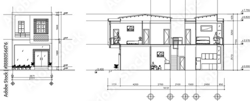 Vector sketch illustration silhouette design architectural engineering drawing section view of a simple house building with room layout