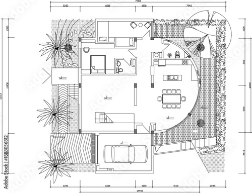 Vector sketch illustration silhouette design architectural engineering drawing site plan layout of luxury multi-story villa house with scale size