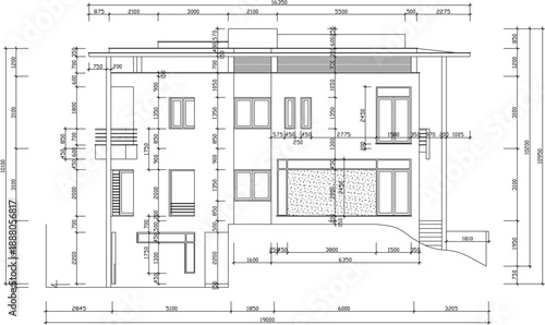Vector sketch illustration silhouette design architectural engineering drawing section view of luxury multi-storey villa house with scale size