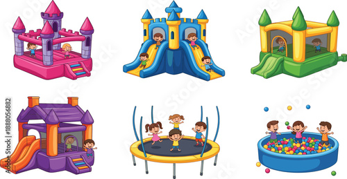 Set of inflatable bounce houses and kids playground attractions vector illustration, fun jumping castles for party event design