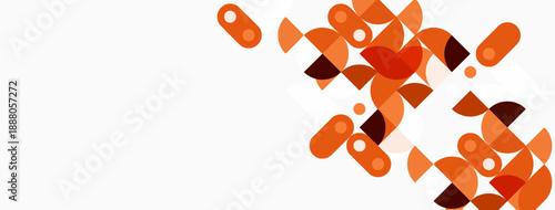 Abstract geometric shapes, warm colors dominate. Composition features circles, squares, rectangles, scattered across canvas. Minimalist design.