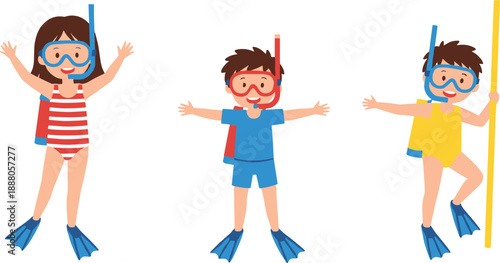 Set of kids snorkeling and diving vector illustration, happy children with underwater masks and fins for summer vacation design