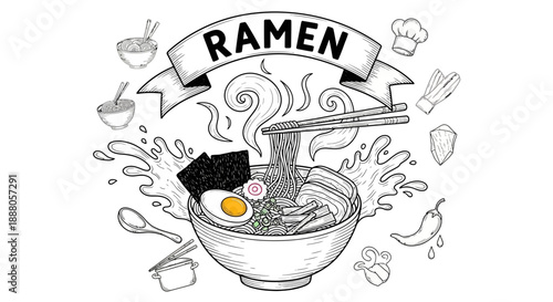 Steaming bowl of ramen noodle soup with ingredients in a doodle vector illustration surrounded by cooking utensils and seasonings