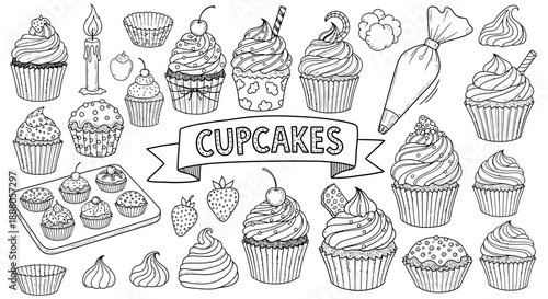 Doodle Vector Illustration of Various Cupcakes with Desserts and Baking Tools on a Clean Background