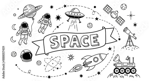 Doodle Vector illustration of space-themed elements including astronauts, planets, and spacecraft in a circular frame
