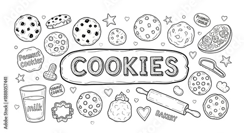 A doodle vector illustration of various cookies and baking elements surrounding a 'COOKIES' text in a playful arrangement