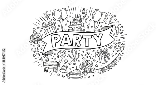 A vibrant Doodle Vector party scene with celebration elements arranged around a banner