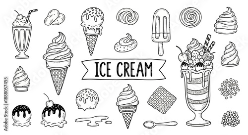 Doodle Vector illustration of assorted ice cream cones and sundaes in a vibrant doodle style