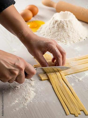 Preparing fresh pasta, cutting dough into noodles with culinary precision
