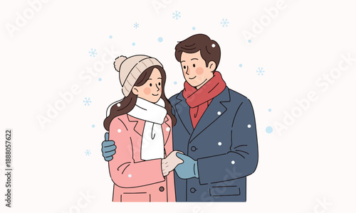 Couple in love embracing on a snowy day with warm winter clothing and affectionate gesture