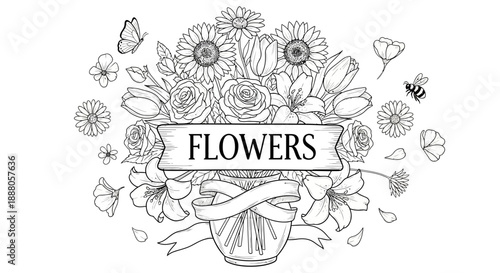 A Doodle Vector illustration of a vibrant bouquet of flowers in a vase surrounded by butterflies and flowers