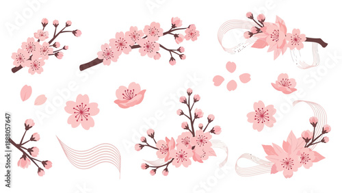 Cherry Blossom Branches and Flowers, Spring Floral Elements with Ribbons