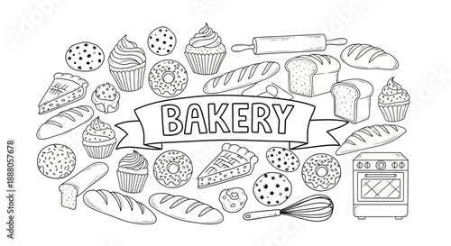 Assorted bakery items illustration in Doodle Vector style, featuring bread, pastries, and baking utensils around a banner