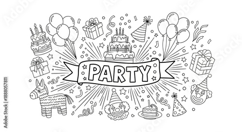 A vibrant party scene featuring doodle vector elements, balloons, and celebratory items in a festive environment viewed from directly above.