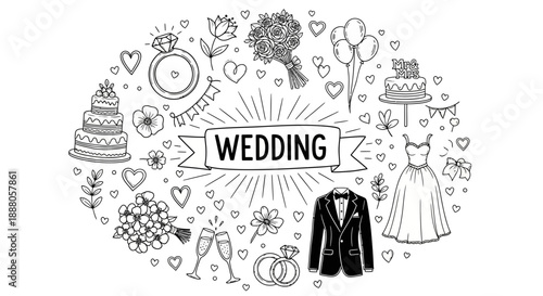 A beautiful wedding scene with Doodle Vector elements surrounding the bride and groom attire, surrounded by hearts and flowers.