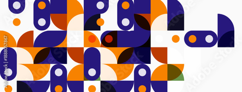 Abstract geometric pattern. Orange, purple shapes repeat, creating modern visual texture. Simple forms dominate composition.