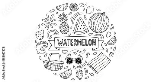 Doodle Vector illustration of fresh fruit surrounding a banner with watermelon, featuring various fruits and decorations in a circular frame