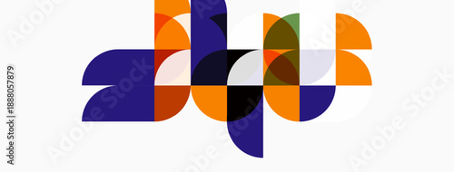 Abstract geometric shapes overlap, creating dynamic composition. Orange, purple, green, black colors dominate white background. Modern design.