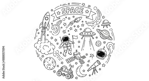 Doodle Vector illustration of astronaut exploring space with planets and stars