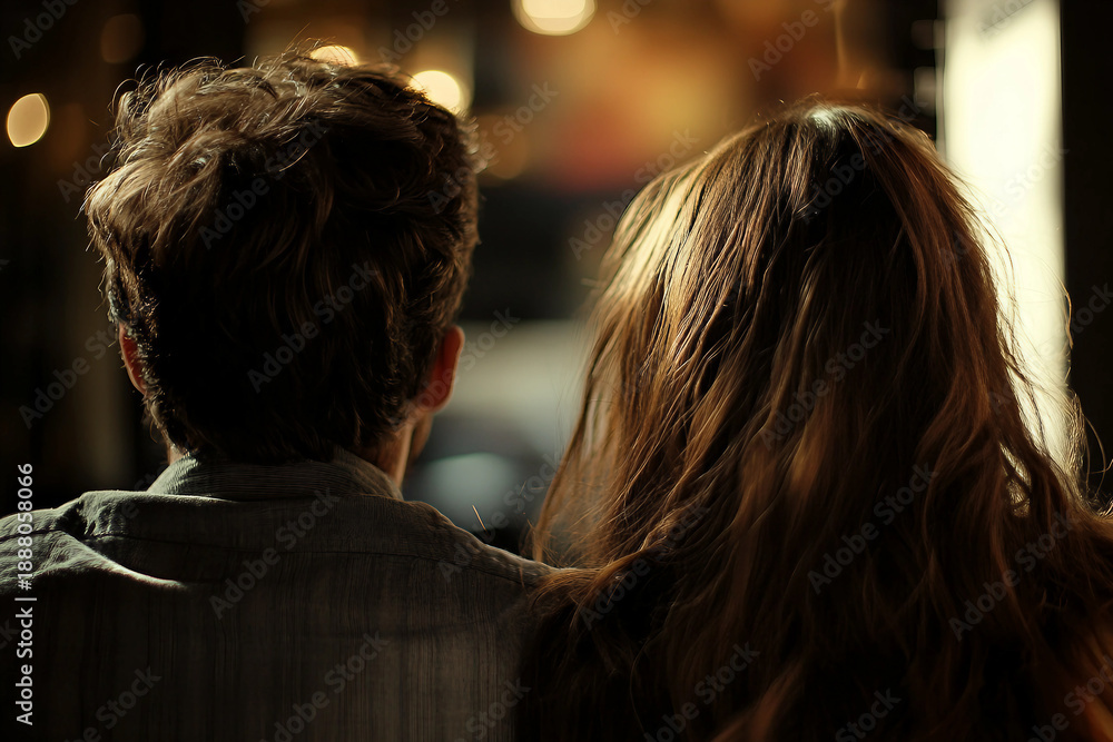 Fototapeta premium Romantic wedding moment between bride and groom during ceremony in nature at sunset, generative ai