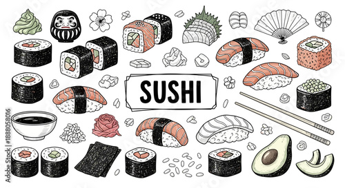 Assorted sushi dishes and ingredients doodle vector illustration on a culinary-themed background showcasing various food items