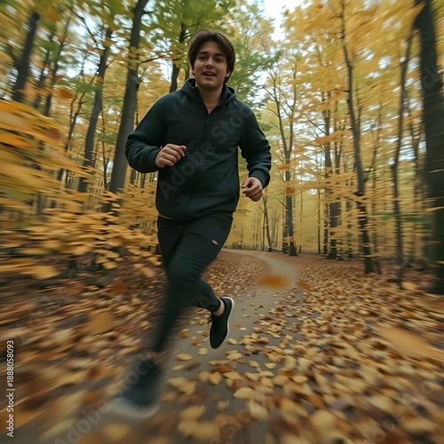 Image of a person running with motion blur effect through an autumn forest, surrounded by falling leaves.