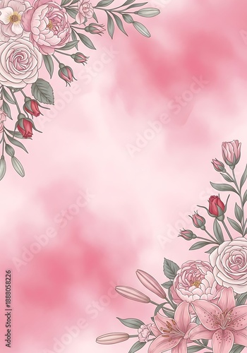 Romantic floral frame with watercolor texture, soft pink background