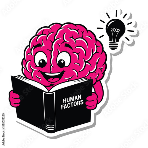 Cartoon brain character holding human factors book with lightbulb idea concept illustration
