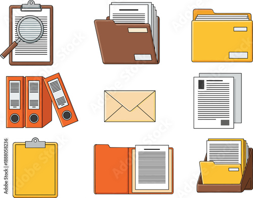 Set of office document and file folder icons vector illustration, paperwork organization collection for business and administration design
